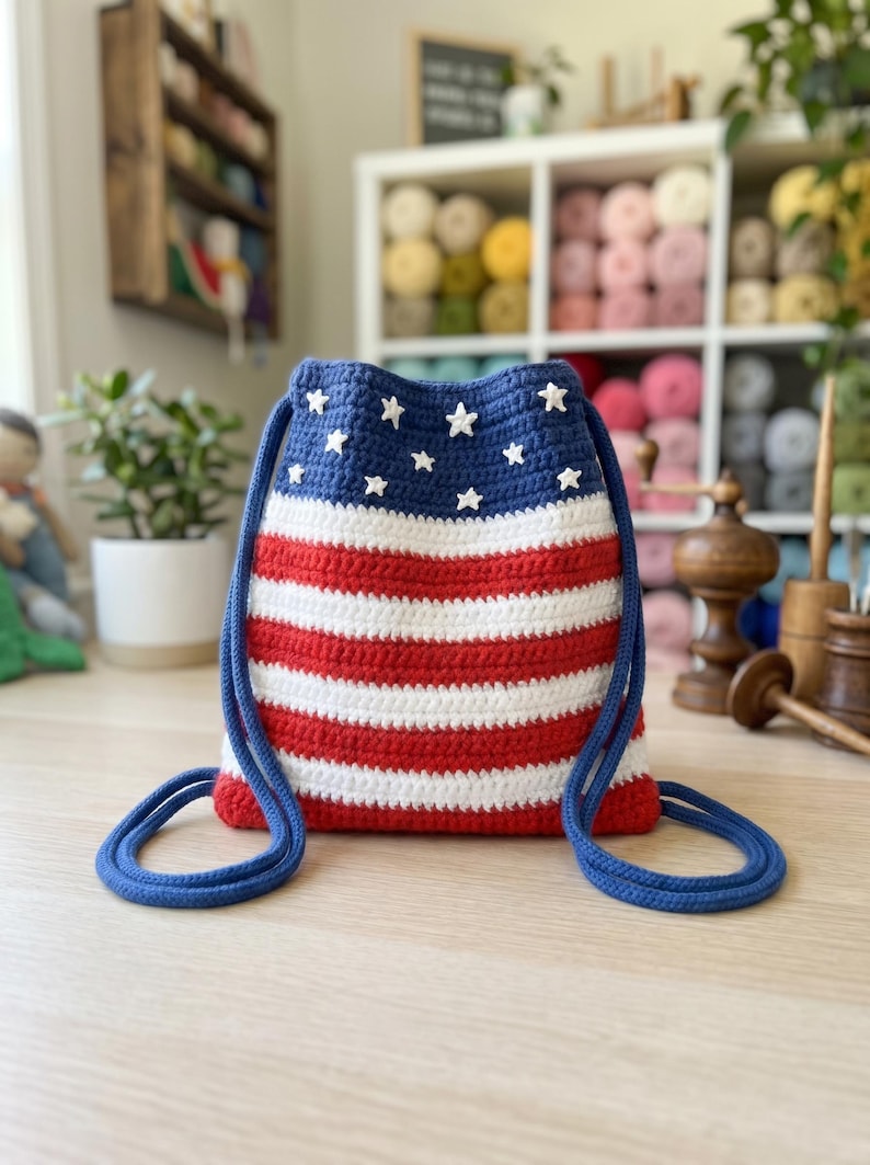 Puede incluir: Una mochila de crochet con cierre de cord&oacute;n que presenta un patr&oacute;n inspirado en la bandera estadounidense, con una secci&oacute;n superior azul oscuro adornada con peque&ntilde;as estrellas blancas y rayas horizontales rojas y blancas, con correas de cuerda azul.