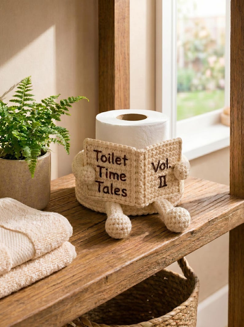 May include: A cream-colored crocheted toilet paper roll cover shaped like a book with small arms and legs. The front of the cover features the embroidered dark brown text Toilet Time Tales Vol. II. The cover wraps around a standard white toilet paper roll.