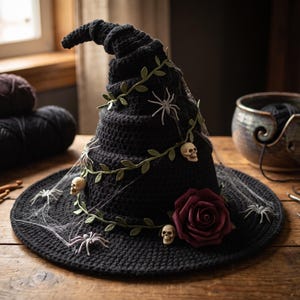 Peut inclure: Un chapeau de sorcière en crochet noir orné d'une vigne verte sinueuse, de petits crânes en plastique blanc, de figurines d'araignées blanches, de fines toiles blanches et d'une grande rose rouge foncé fixée sur le large bord pointu.