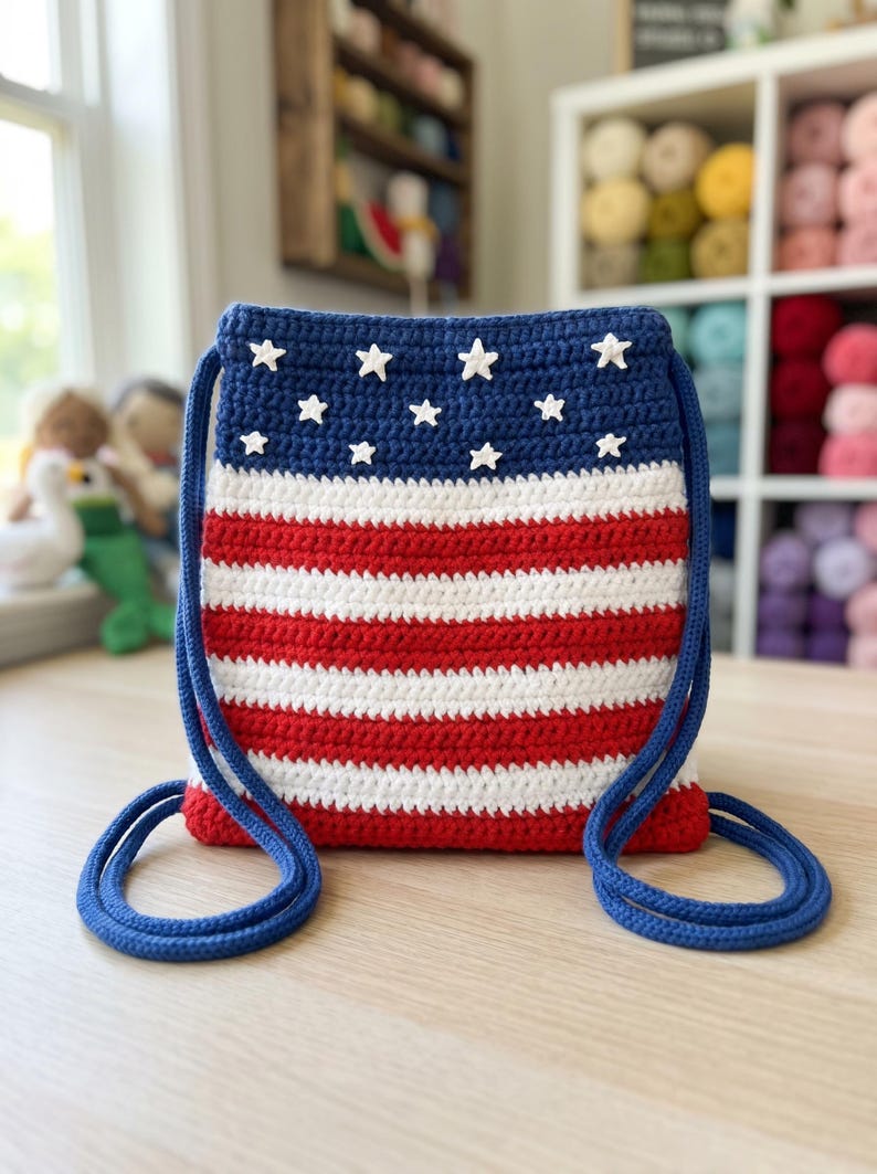 Puede incluir: Una mochila de crochet con cord&oacute;n que presenta un patr&oacute;n de bandera en rojo, blanco y azul. La secci&oacute;n superior es azul oscuro con peque&ntilde;as estrellas blancas tejidas, mientras que la inferior tiene rayas horizontales rojas y blancas.