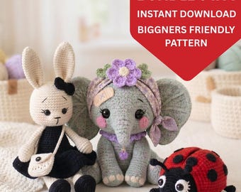 Amigurumi Tier Häkelanleitung Bundle, Hase Elefant & Marienkäfer Plüsch PDF, süsses Häkelspielzeug Muster, Instant Download