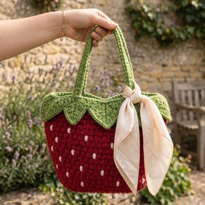 May include: A handmade crochet tote bag shaped like a strawberry, featuring a deep red body with small white embroidered seeds, a green leafy top border, two green handles, and a light cream-colored silk ribbon tied in a bow on the side.