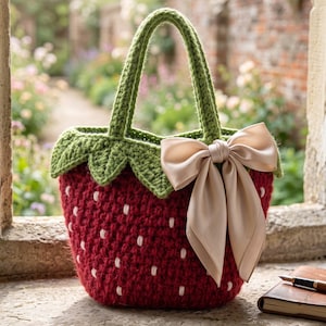 May include: A crochet strawberry-shaped bag featuring a deep red body with small white embroidered dots, a green leafy top border, two green handles, and a large, light beige satin ribbon bow attached to the front side of the bag.