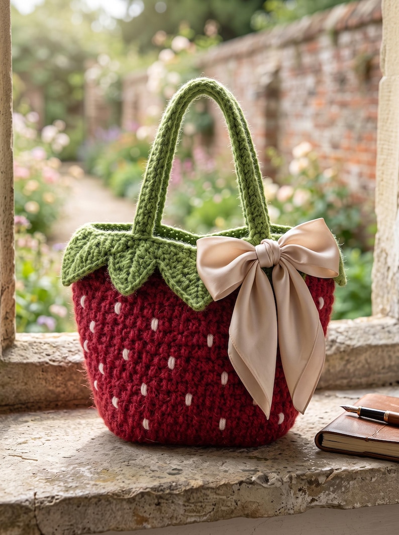 May include: A crochet strawberry-shaped bag featuring a deep red body with small white embroidered dots, a green leafy top border, two green handles, and a large, light beige satin ribbon bow attached to the front side of the bag.