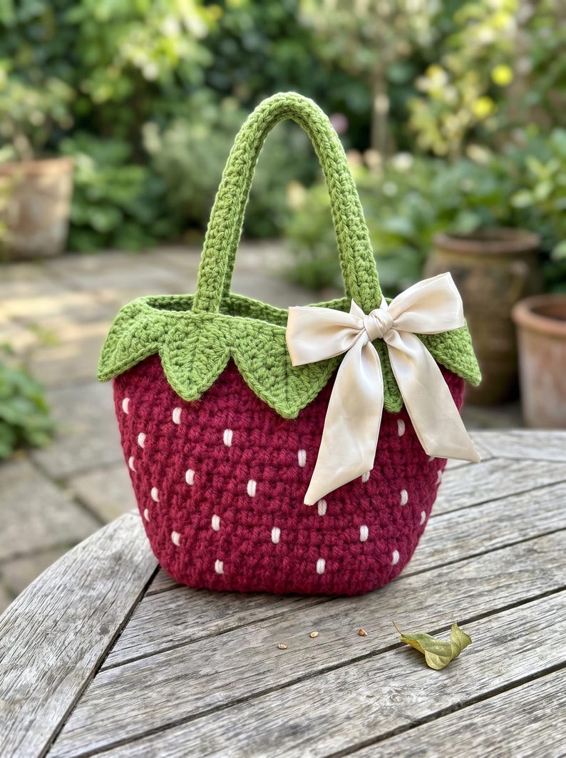 May include: A crochet handbag shaped like a strawberry, featuring a deep red body with small white embroidered dots, a green leafy top border, a single green handle, and a decorative cream-colored satin ribbon bow tied to the side of the handle.