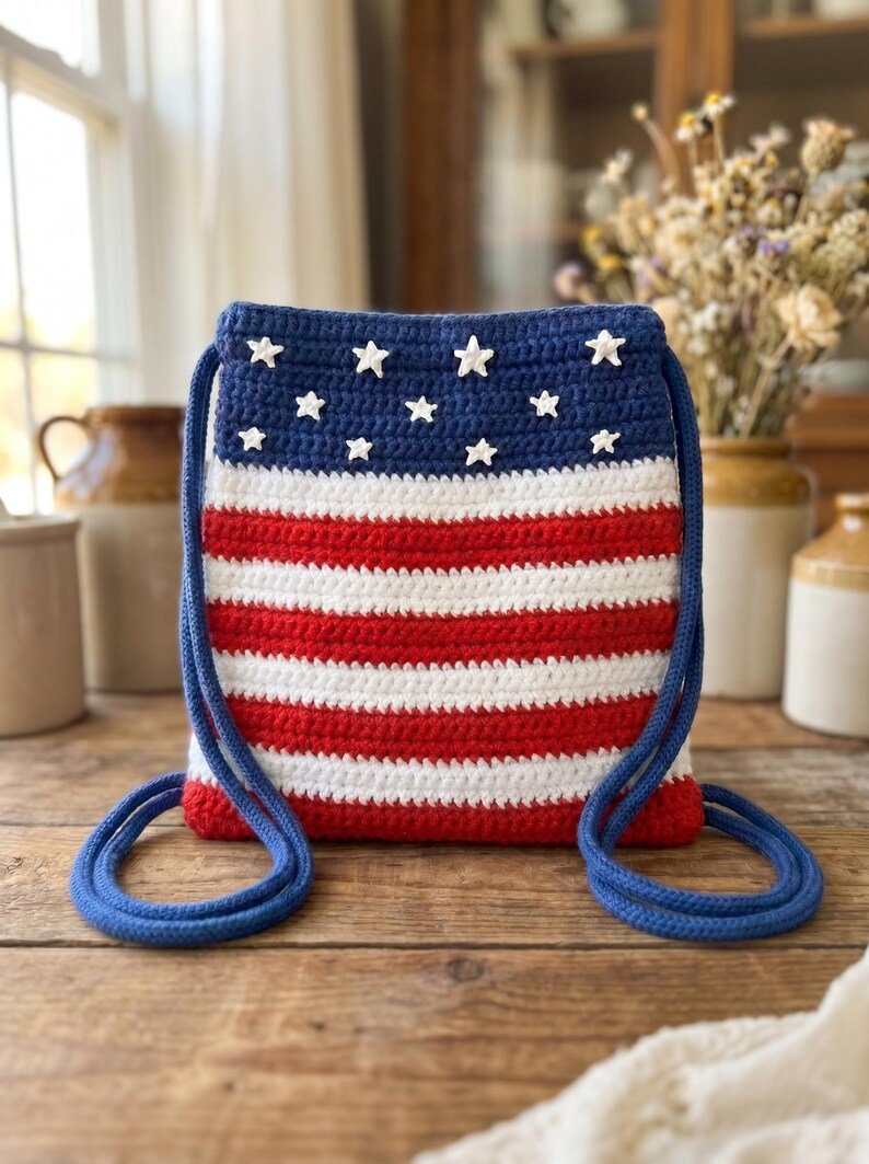 Puede incluir: Un bolso de ganchillo rectangular con cord&oacute;n que presenta un patr&oacute;n de rayas rojas, blancas y azules. La secci&oacute;n superior es azul s&oacute;lido con peque&ntilde;as estrellas de ganchillo blancas, mientras que la parte inferior tiene rayas horizontales.