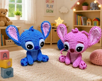 Stitch & Angel Amigurumi Häkelanleitung PDF | 2-in-1 niedliches Alien Plüsch Set mit Details | Anfänger freundliches Puppen-Tutorial als digitaler Download