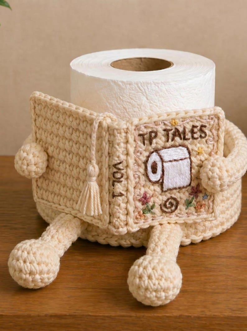 May include: A cream-colored crochet toilet paper roll cover shaped like a book with the title TP TALES VOL. 1 embroidered on the front. The cover features a small tassel, embroidered flowers, and a toilet paper roll graphic, with two dangling legs.