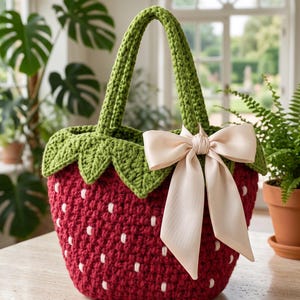 Red crochet strawberry tote bag with green leaves and beige bow, sitting on wooden table