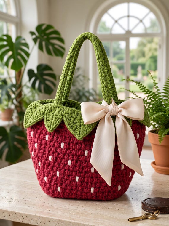 Crochet Strawberry Tote Bag Pattern PDF, Easy Beginner Tutorial, Summer Farmers Market Bag, Cute Cottagecore Fruit Purse Digital Download
