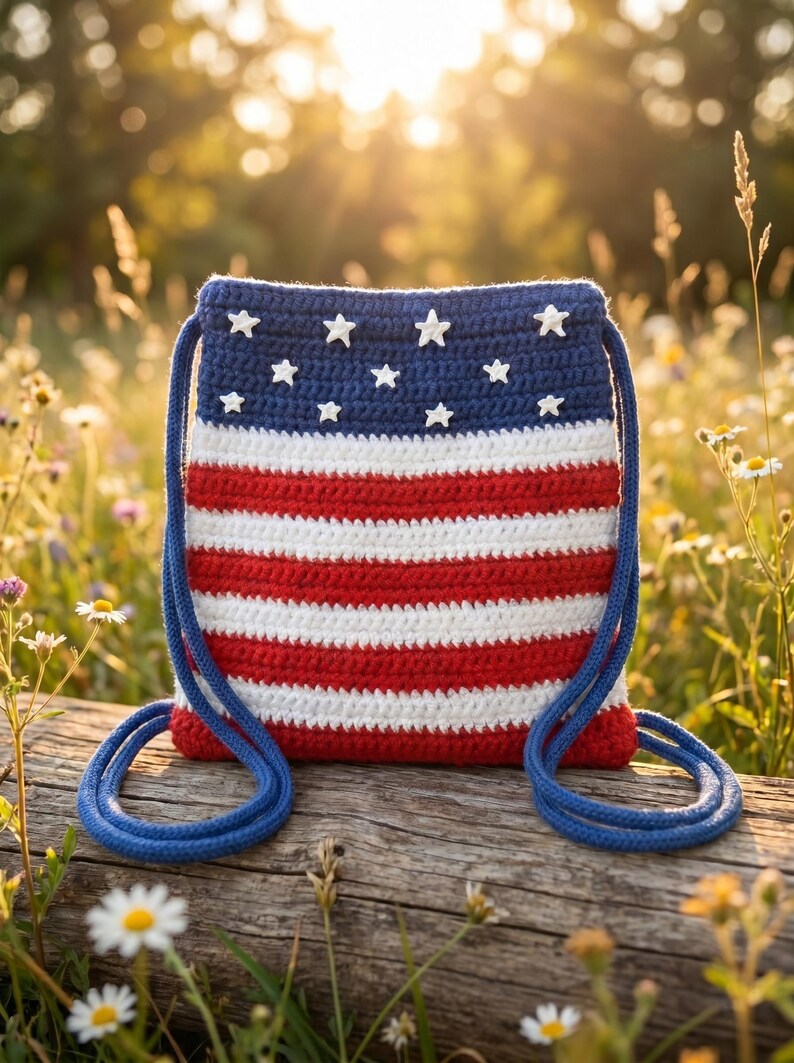 Puede incluir: Una mochila de crochet con cord&oacute;n que presenta un patr&oacute;n de rayas rojas, blancas y azules. La secci&oacute;n superior es azul s&oacute;lido con peque&ntilde;os adornos de estrellas blancas, mientras que la parte inferior consta de rayas horizontales rojas y blancas.