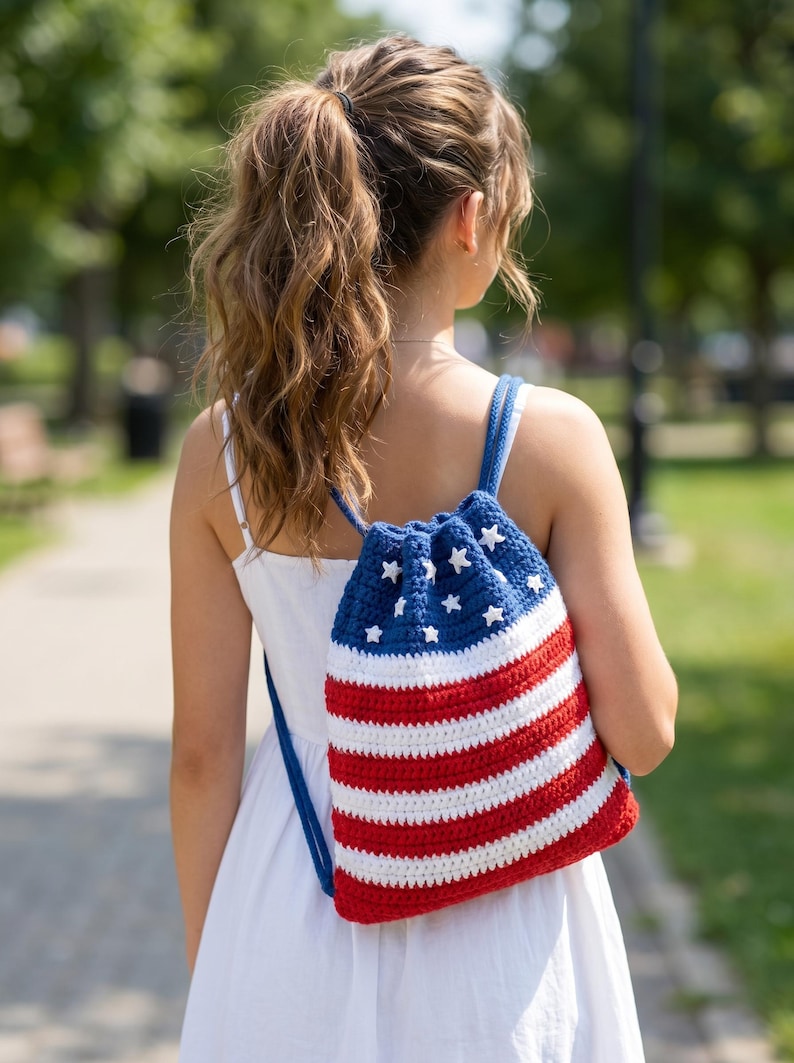 Patrón de ganchillo en PDF para bolso de mano con la bandera estadounidense, bolso patriótico con estrellas y rayas, 4 de julio, tutorial de ganchillo para principiantes, idea de regalo de EE. UU. imagen 6