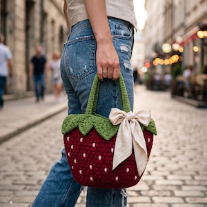 May include: A crochet handbag shaped like a strawberry, featuring a deep red body with small white embroidered dots, a green textured top resembling leaves, two green handles, and a light beige ribbon tied in a bow on the side.