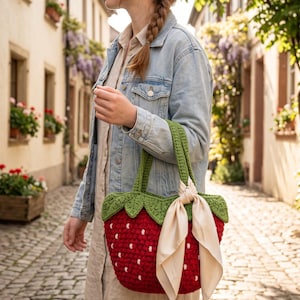 May include: A red crochet strawberry-shaped handbag with white seed-like accents and a green leafy top border. The bag features two green crochet handles and is decorated with a tied cream-colored satin ribbon attached to one of the handles.