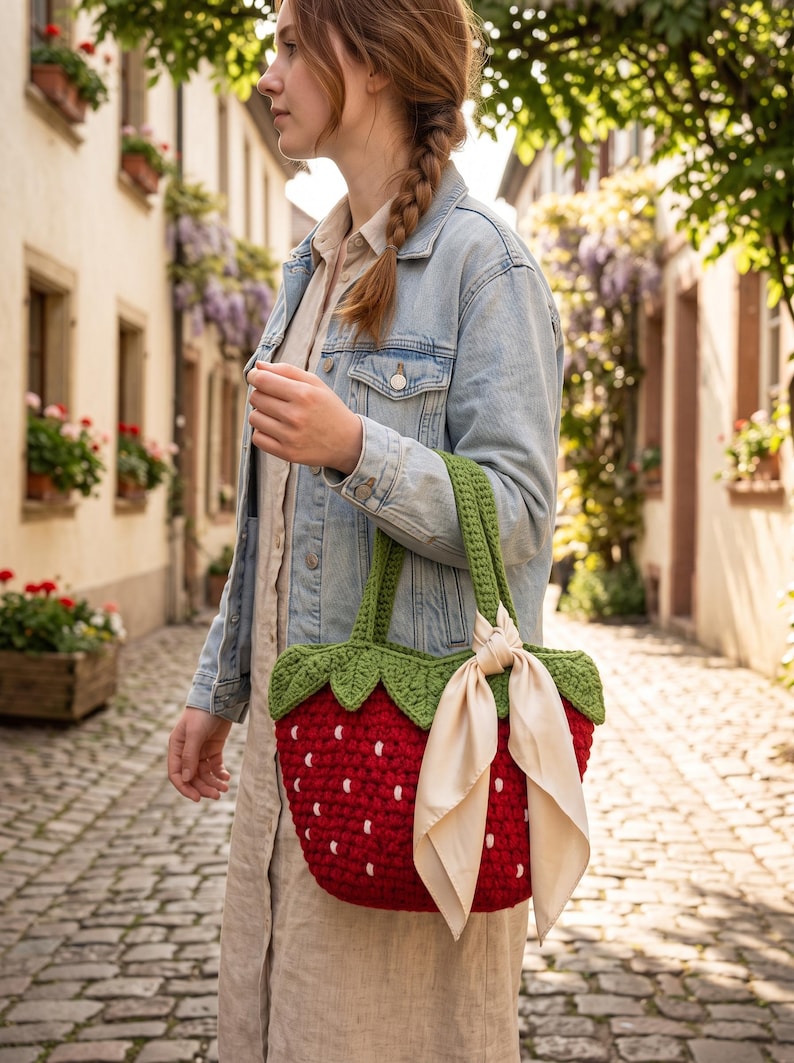 May include: A red crochet strawberry-shaped handbag with white seed-like accents and a green leafy top border. The bag features two green crochet handles and is decorated with a tied cream-colored satin ribbon attached to one of the handles.