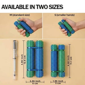 May include: Image shows two sizes of dog toys. The larger toy is 4.96 inches (12.6 cm) long and 2.36 inches (6 cm) wide. The smaller toy is 4.46 inches (11.1 cm) long and 1.95 inches (5 cm) wide. Both toys are blue and green with a textured surface.