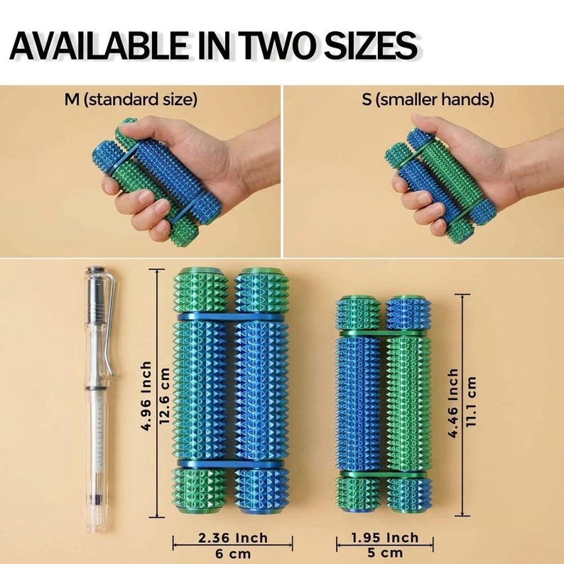 May include: Image shows two sizes of dog toys. The larger toy is 4.96 inches (12.6 cm) long and 2.36 inches (6 cm) wide. The smaller toy is 4.46 inches (11.1 cm) long and 1.95 inches (5 cm) wide. Both toys are blue and green with a textured surface.