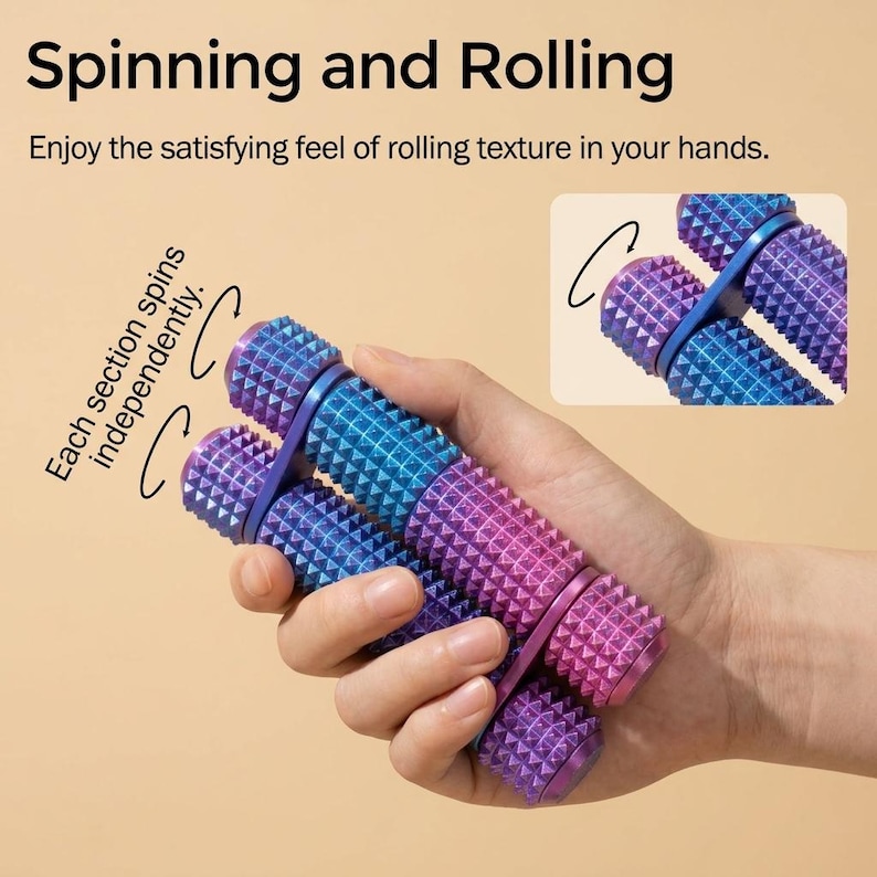May include: A set of three colorful, textured rollers in shades of blue, purple, and pink, held together by a blue band. The text "Spinning and Rolling" and "Each section spins independently" is visible.