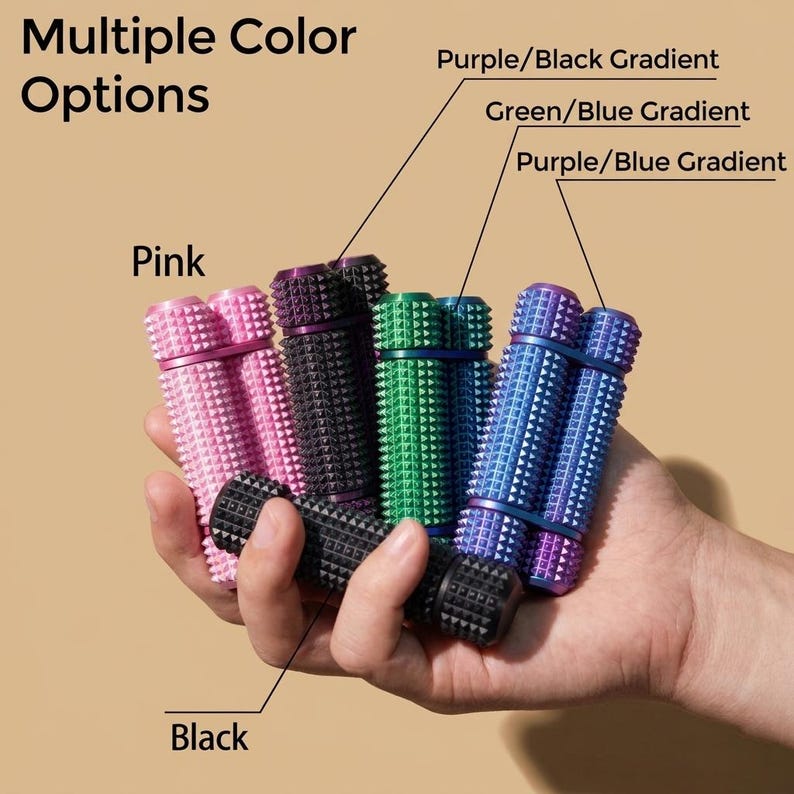 May include: A hand holds multiple cylindrical objects in various colors: pink, black, green/blue gradient, and purple/blue gradient. The objects have a studded texture and are labeled with color options. Text reads "Multiple Color Options".