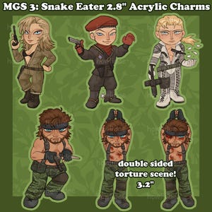 May include: A collection of six illustrated acrylic charms featuring characters from MGS 3: Snake Eater. The set includes five 2.8-inch character charms and one 3.2-inch double-sided torture scene charm, all depicting figures in tactical gear.