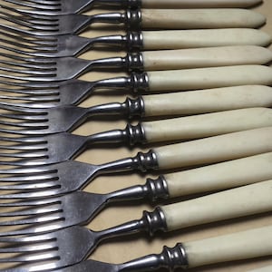 Vintage Soviet Stainless Steel Forks Set of 15 Ivory Style Handles USSR Flatware