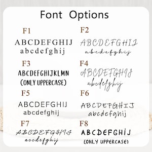 Op de afbeelding: Een wit overzicht getiteld Font Options met acht verschillende zwarte letterstijlen gelabeld van F1 tot F8. Elk item toont hoofdletters en kleine letters, behalve F3 en F8 die zijn gemarkeerd als ONLY UPPERCASE, met diverse schreef-, schreefloze en scriptstijlen.