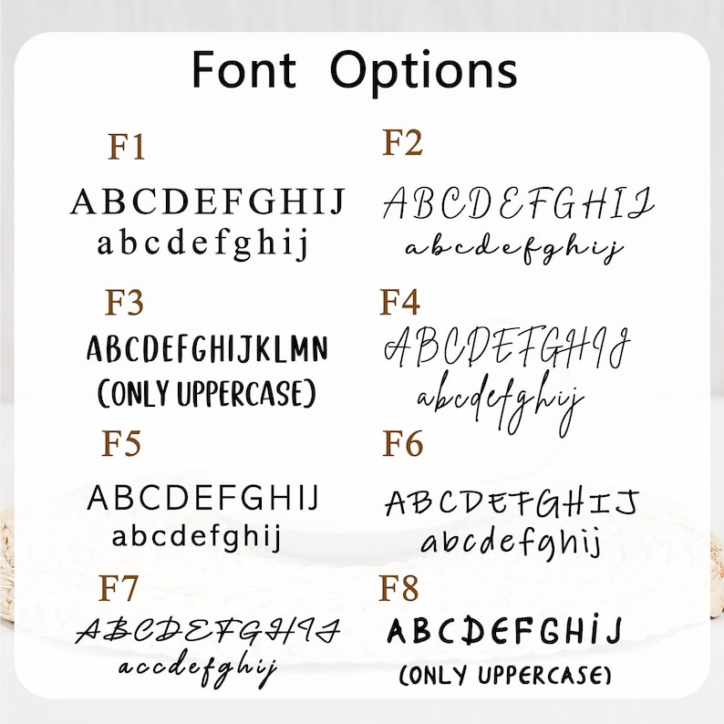Op de afbeelding: Een wit overzicht getiteld Font Options met acht verschillende zwarte letterstijlen gelabeld van F1 tot F8. Elk item toont hoofdletters en kleine letters, behalve F3 en F8 die zijn gemarkeerd als ONLY UPPERCASE, met diverse schreef-, schreefloze en scriptstijlen.