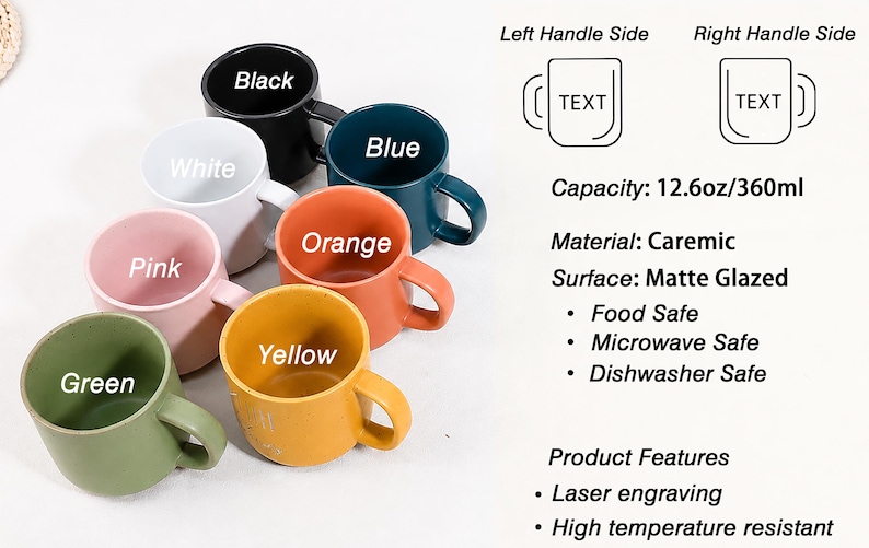 Op de afbeelding: Een set van zes keramische mokken in zwart, blauw, oranje, geel, roze en wit met een matte glazuurlaag. Elke mok heeft een inhoud van 360ml. Tekst geeft kenmerken aan zoals lasergravure en veiligheid voor voedsel, magnetron en vaatwasser.