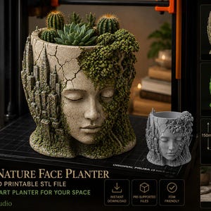 Puede incluir: Jardinera con forma de rostro, con un diseño de paisaje urbano y un rostro femenino. La jardinera está llena de suculentas y cactus. El texto "URBAN NATURE FACE PLANTER" se muestra en la parte inferior.