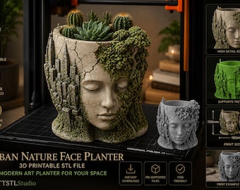 Urban Nature Face plantenbak STL | Moderne kunst 3D-afdrukbare pot | City Nature Fusion-sculptuur | Digitale download
