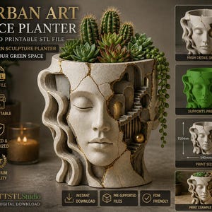 May include: A unique face planter with a modern sculpture design, perfect for a green space. The planter features a woman's face with a cracked, aged appearance and gold accents. The planter is filled with cacti and succulents. The text "URBAN ART FACE PLANTER" is visible.
