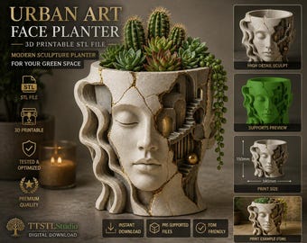 Kintsugi-gezichtplanter STL | Surrealistische architectuurplanter | Moderne sculptuurpot | 3D-afdrukbaar decor | Digitale download
