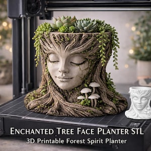 May include: A detailed, tree-face planter with a serene face, filled with succulents and trailing greenery. The planter is surrounded by a 3D printer and a smaller, white version of the planter. Text on the image reads "ENCHANTED TREE FACE PLANTER STL".