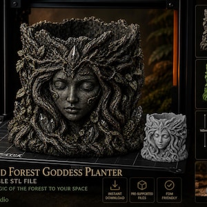 May include: A detailed 3D-printed planter featuring the face of a forest goddess with flowing hair and a serene expression. The planter is dark gray with intricate details, and the image includes examples of the design and print size.