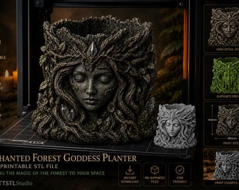 Enchanted Forest Goddess Planter STL | Fantasiegezicht plantenbak | 3D-afdrukbare mystieke plantenpot | Donker natuurdecor | Digitale download