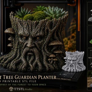 May include: An Ancient Tree Guardian planter, a 3D-printed STL file, is shown with a detailed face and mushroom accents. The planter is filled with succulents and moss. The print size is 180mm.