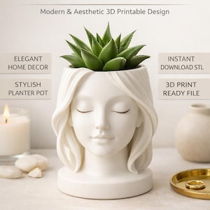 Puede incluir: Una maceta blanca con forma de rostro que contiene una suculenta verde. Diseño moderno y estético impreso en 3D. El texto en la imagen dice "Minimal FACE PLANTER STL" y "Decoración elegante para el hogar".
