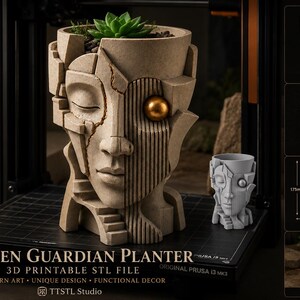 May include: A beige, 3D-printed planter shaped like a stylized human face with a cracked design. The planter holds a small succulent. The text "BROKEN GUARDIAN PLANTER" is visible.