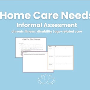 以下が含まれることがあります： 薄い青色の背景に、白い文字で「Home Care Needs Informal Assessment」と書かれています。「chronic illness | disability | age-related care」というテキストが下にあります。中央には、テキストと表が書かれた3枚の紙があります。