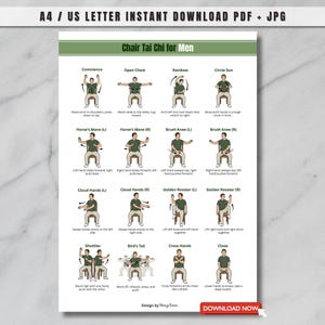 Può includere: Una guida PDF stampabile intitolata "Chair Tai Chi for Men" con pose di esercizi illustrate. La guida include istruzioni per vari movimenti di Tai Chi, come "Commence", "Open Chest" e "Rainbow". Il design è su sfondo bianco.