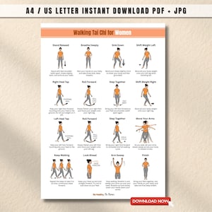 May include: A4/US Letter instant download PDF and JPG printable featuring a guide to Walking Tai Chi for Women. The poster includes illustrated instructions for various Tai Chi steps, with text descriptions. The design is in orange and white.