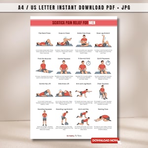 May include: A printable poster with illustrated exercises for sciatica pain relief. The poster includes diagrams and instructions for various stretches and poses, such as the flat back press and knee to chest. The title "Sciatica Pain Relief for Men" is displayed at the top.