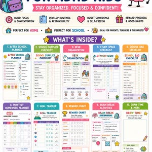 May include: A colorful digital kids planner for ADHD with ten sections including an after school planner, school supplies checklist, desk organization, study space checklist, school bag checklist, homework planner, goal tracker, reward chart, and brain break activities.