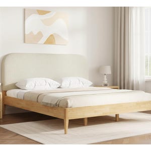 Mid-Century Modern Wood Bed Frame, Boucle Upholstered Headboard, USB Charging Ports