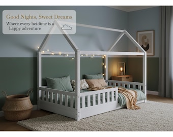 Montessori Wooden Twin House Bed with Guardrails, Toddler Playhouse Floor Bed