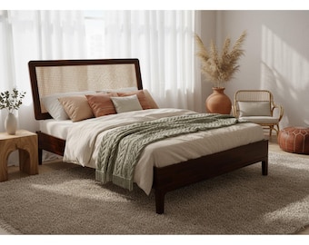 Acacia Wood Platform Bed Frame, Rustic Boho Adjustable Headboard, Walnut Finish