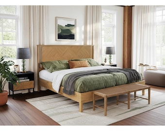 Solid Acacia Wood Platform Bed, Diamond Headboard, Mid Century Modern Rustic Bed Frame