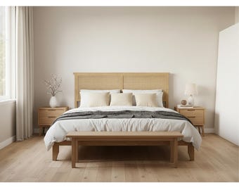 King Size Rattan Headboard Bed Frame | Solid Wood Platform, LED Lights, Noise-Free