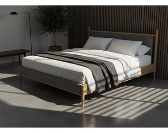 Solid Wood Platform Bed Frame, Upholstered Headboard, Modern Farmhouse Bedroom Furniture (No Box Spring)
