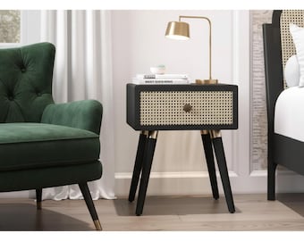 Solid Wood Rattan Nightstand, Black Cane Drawer Boho Bedside Table, Modern Acacia Furniture